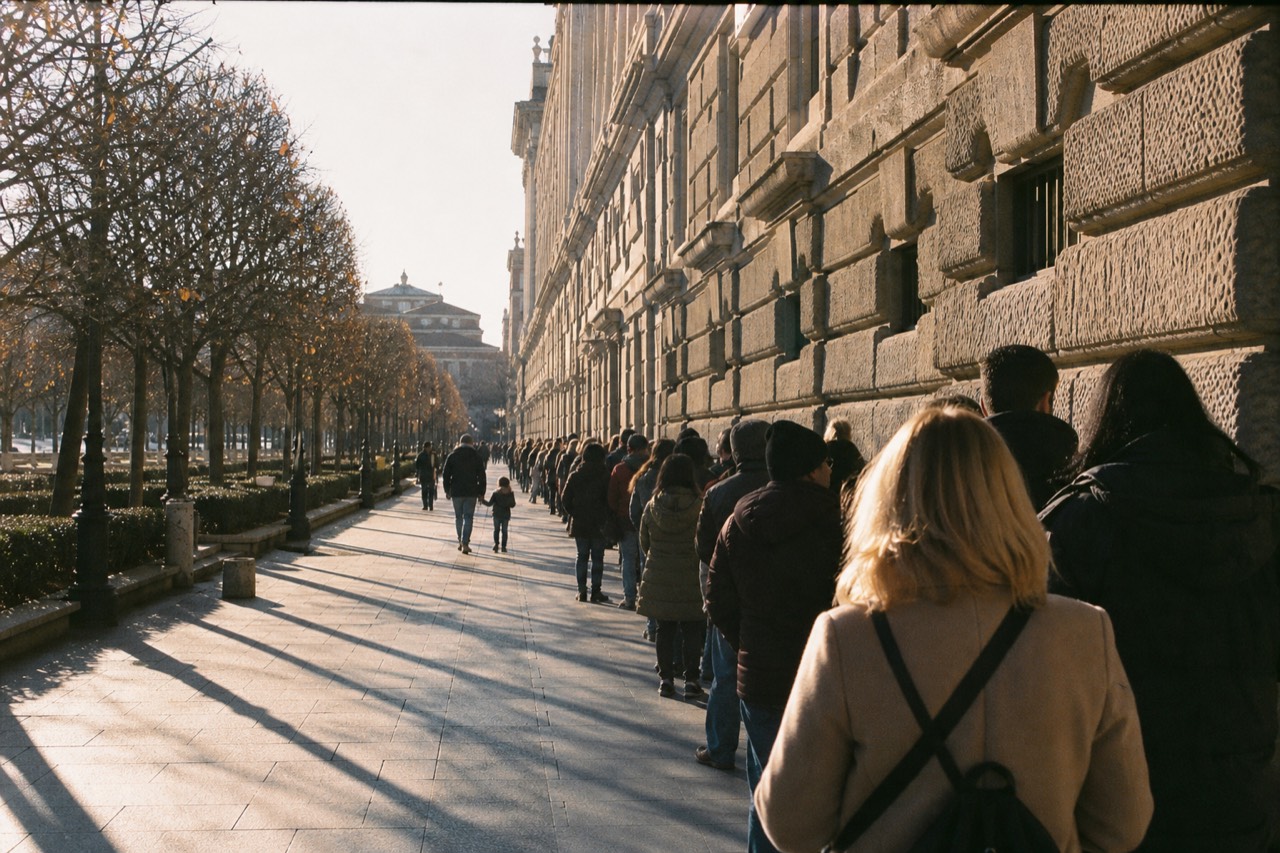 A short queue on wide stone steps in front of a columned museum entrance