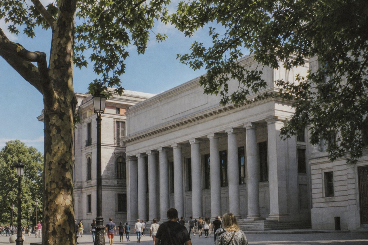A wide neoclassical museum facade behind tall plane trees on a broad city boulevard