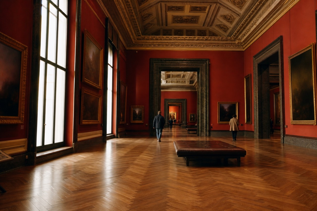 Bright white exhibition hall with large-format artworks and a few visitors walking through