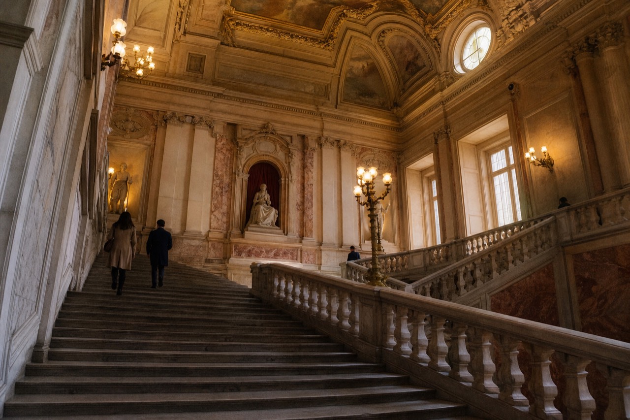 A grand staircase with a painted ceiling and a wrought-iron balustrade in a private mansion