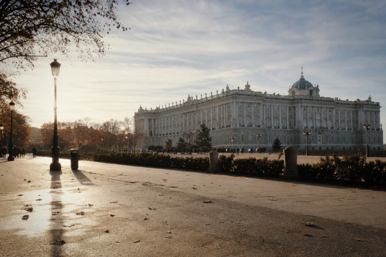 Late sun on the columned side entrance of a large stone gallery on a city boulevard