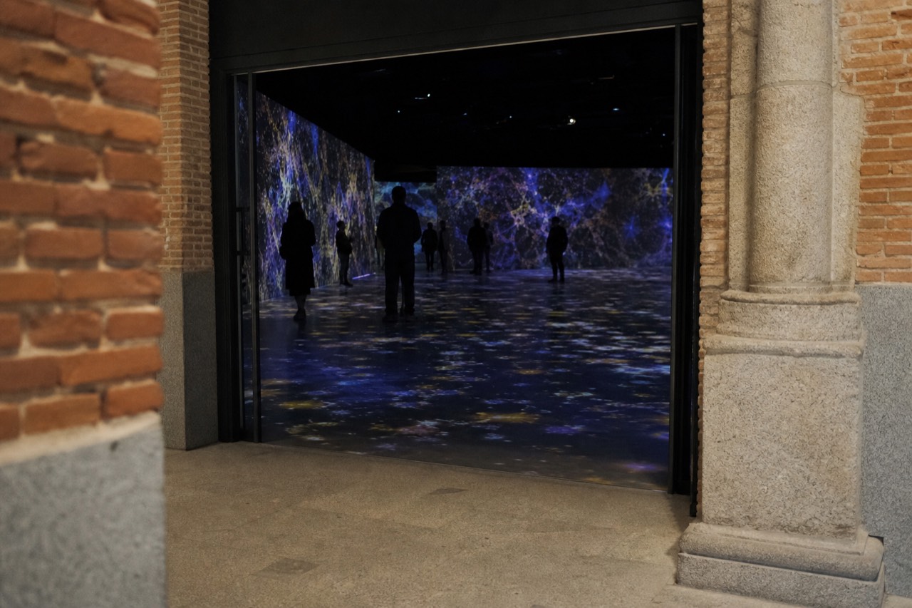 Visitor silhouetted in a brightly coloured immersive light room with projected patterns on the walls